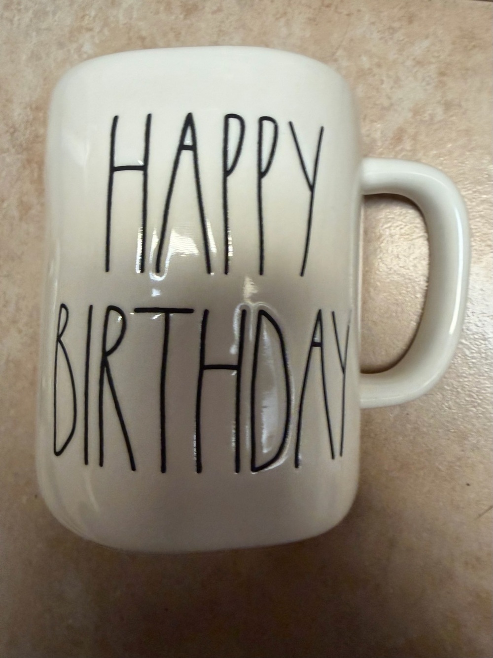 Rae Dunn Happy Birthday White Ceramic Mug with Black Lettering